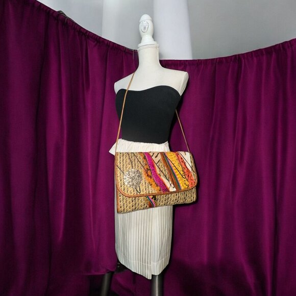 VTG Carlos Falchi Purse Brown Exotic Leathers Patchwork Envelope Clutch 80s USA - Picture 2 of 8